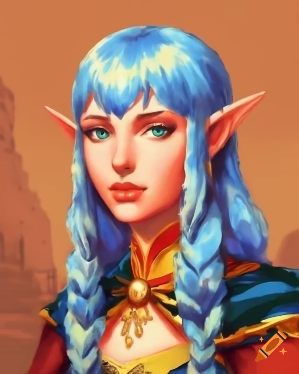 Retro pixel art portrait of blue-haired demi-elf in nomad village, Fire Emblem style