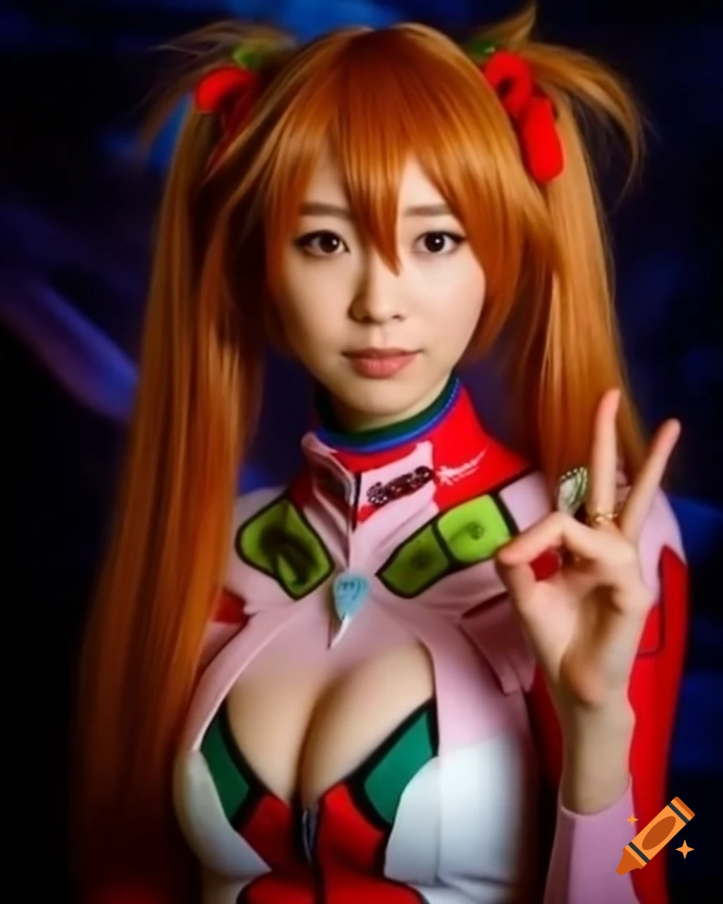 Vintage portrait of Japanese Asuka Langley cosplayer with peace sign at Comiket