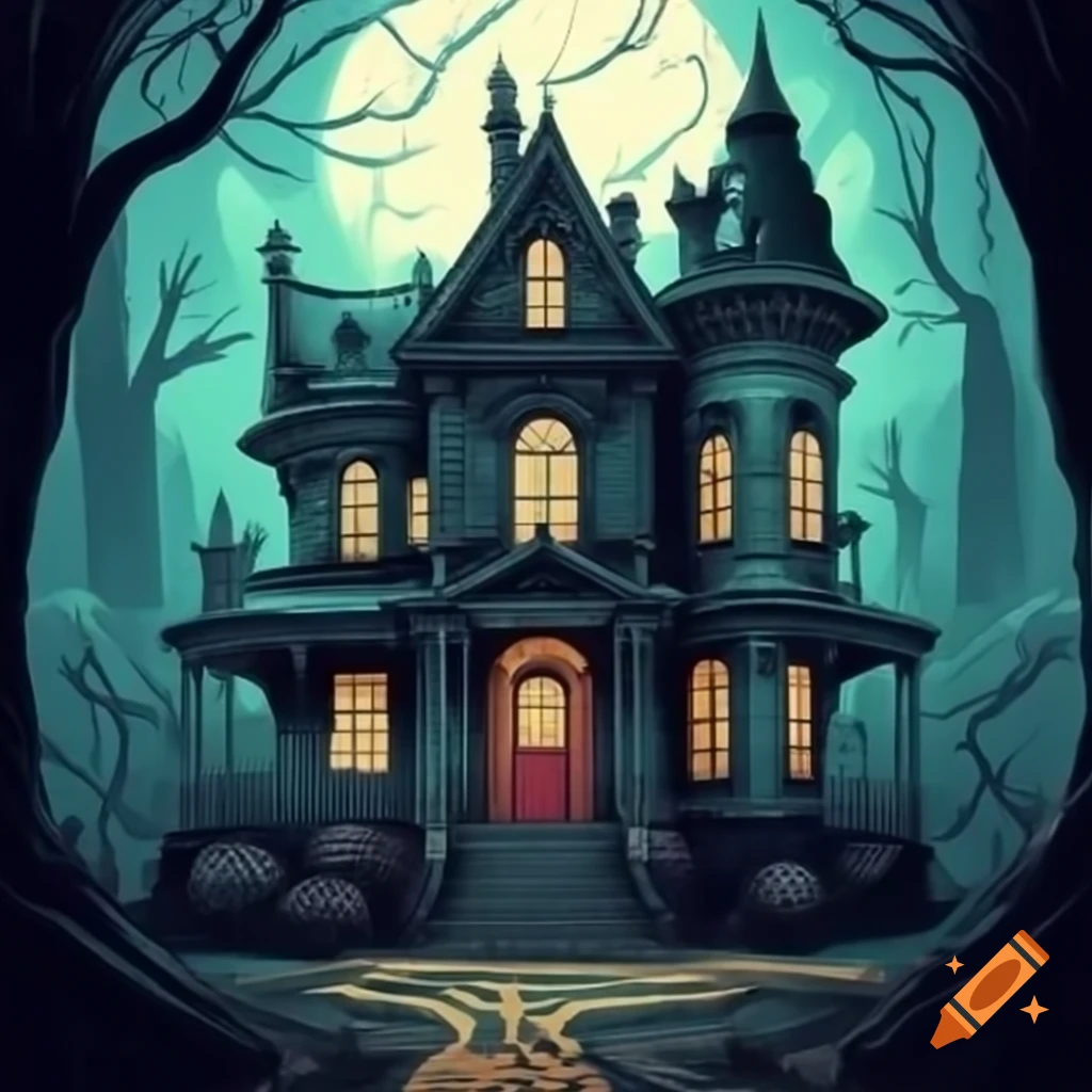 Haunted mansion with large door from driveway, coloring page with bold and clean lines