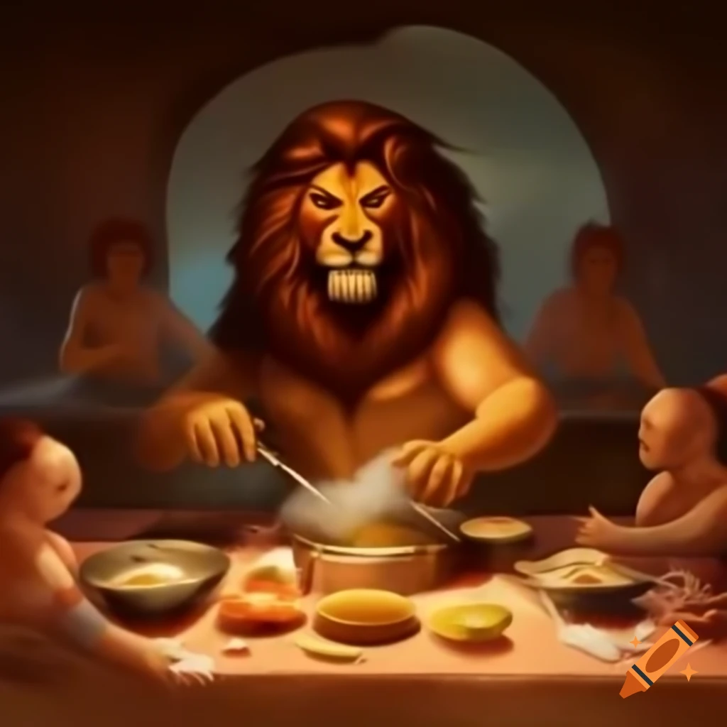 Ancient painting of a lion being fed by humans