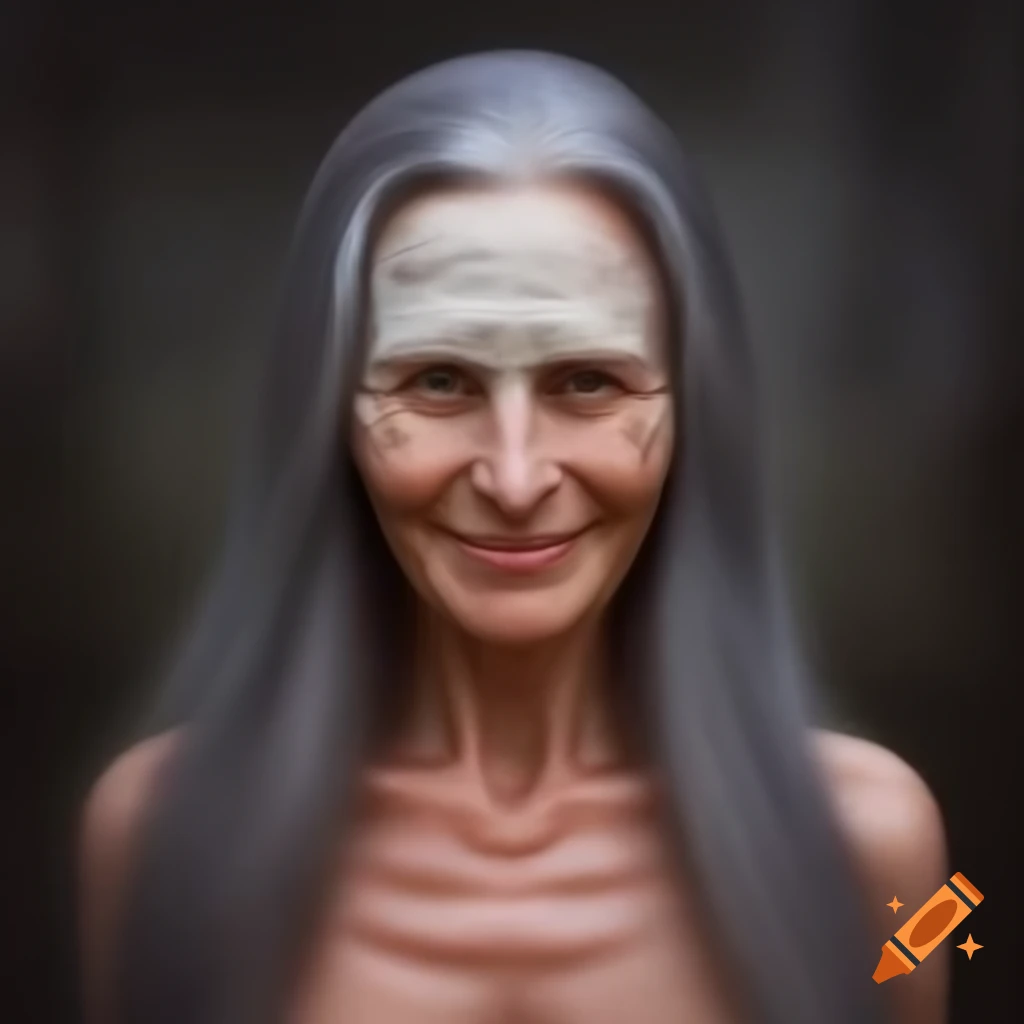 Caucasian woman with long grey hair smiling in ultra photorealistic headshot