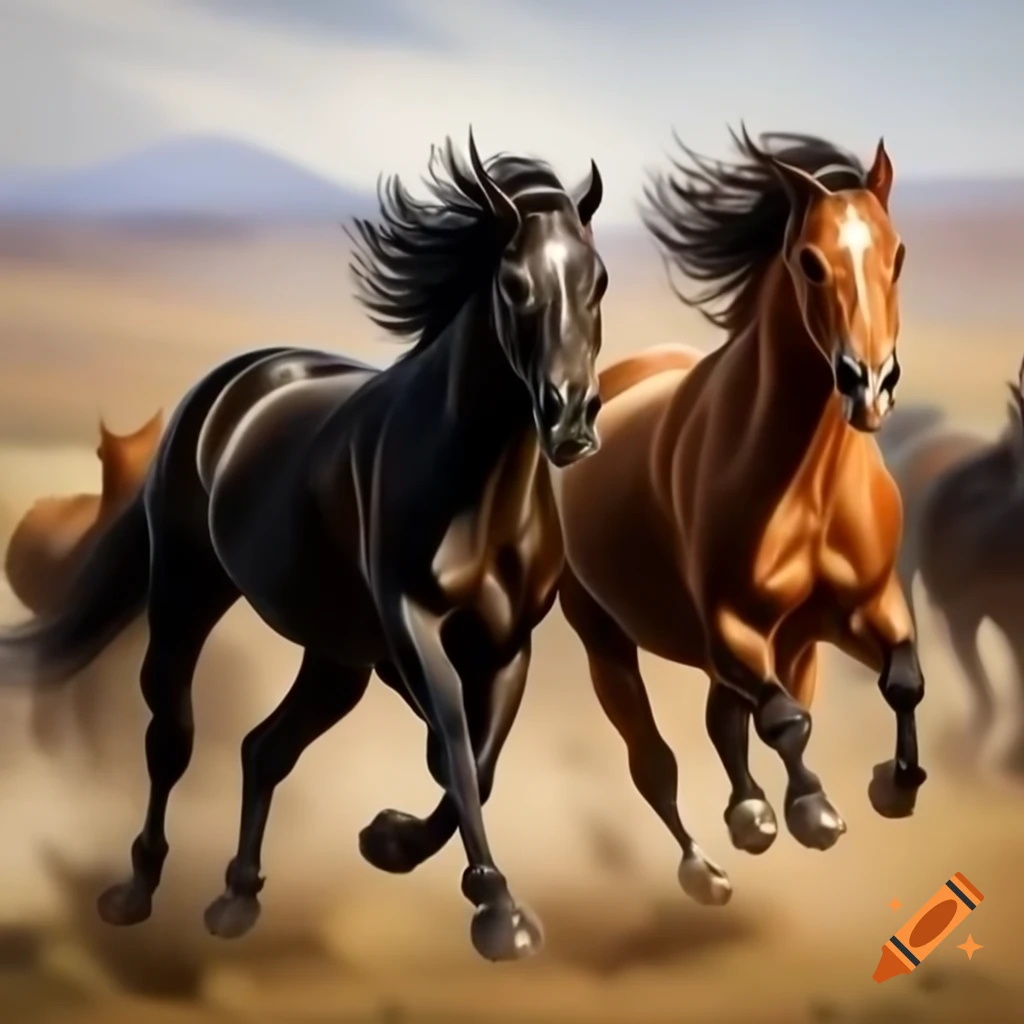 Two horses, one black and one brown, running in a painting with dynamic lighting