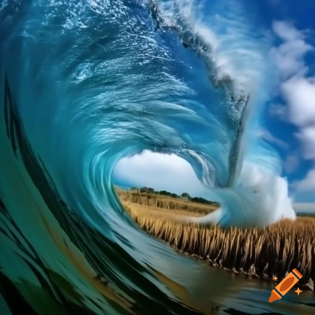Massive sea wave crashing over corn field
