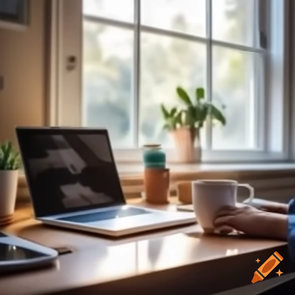 Bright sunny home office with laptop, coffee cup, and green plant