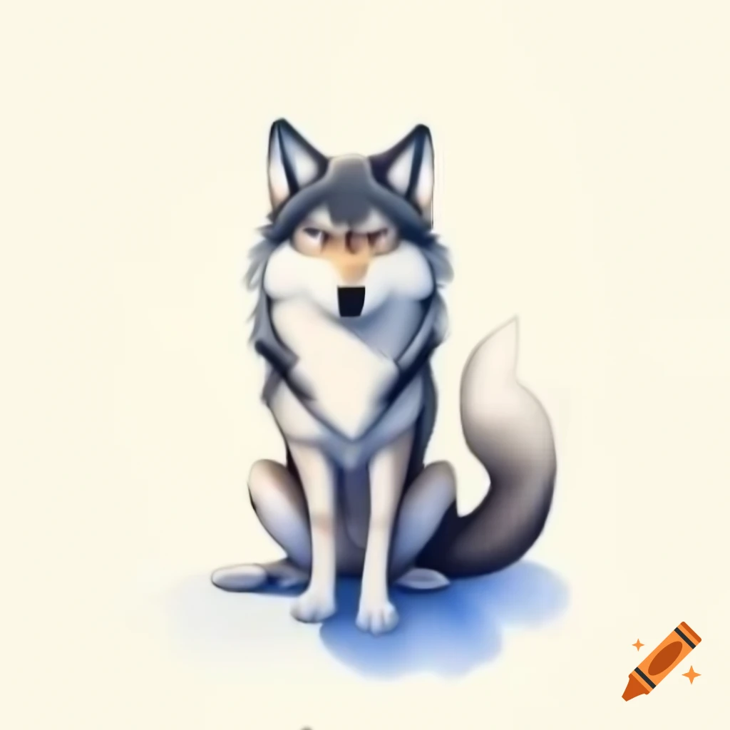 Cartoon-style wolf sitting in front view, watercolor on white background