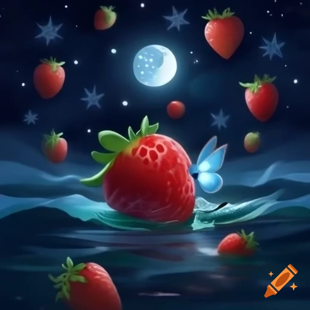 Butterfly interacting with strawberries in the ocean at night under starry sky