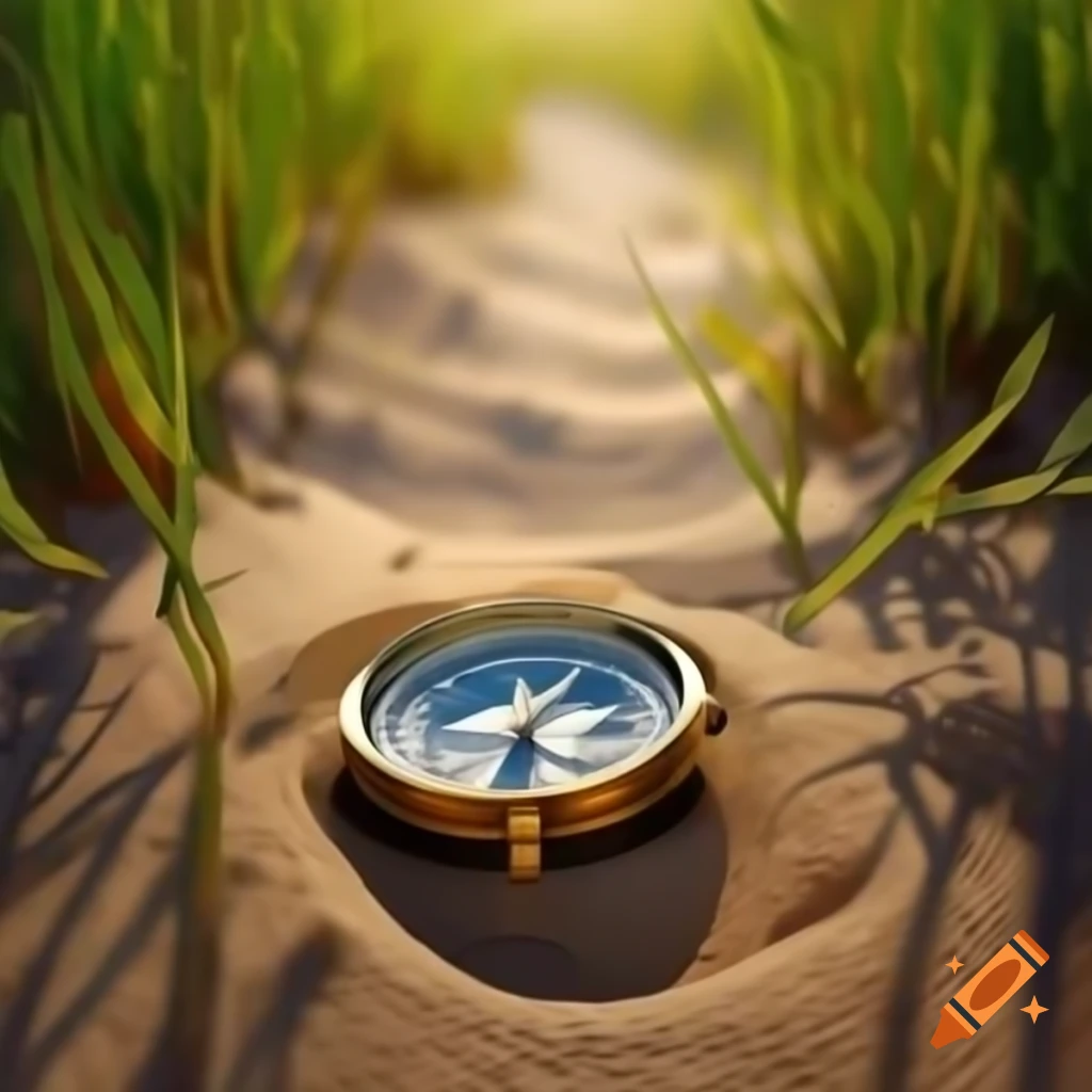 Brass compass buried in sandy path surrounded by vegetation, oil painting