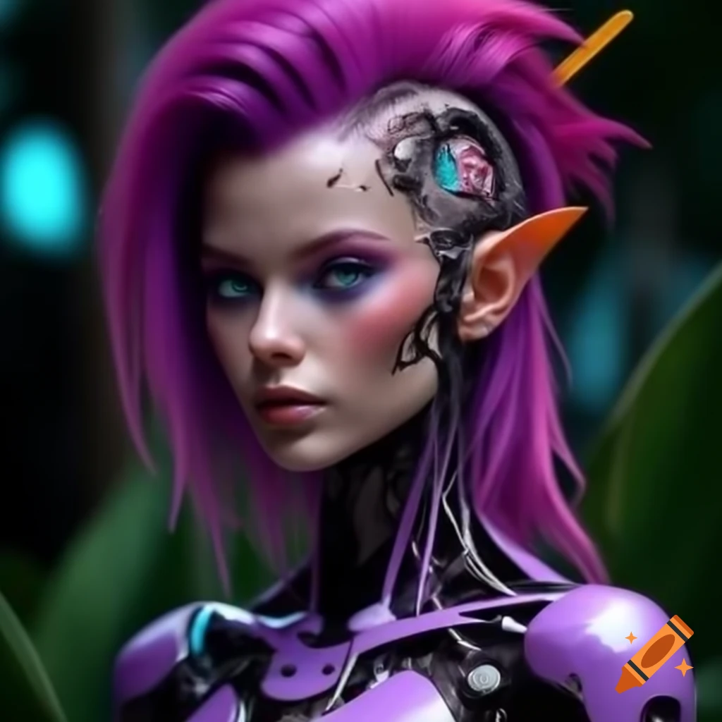 Cyberpunk mango cyborg girl with purple skin and pink hair, futuristic helmet