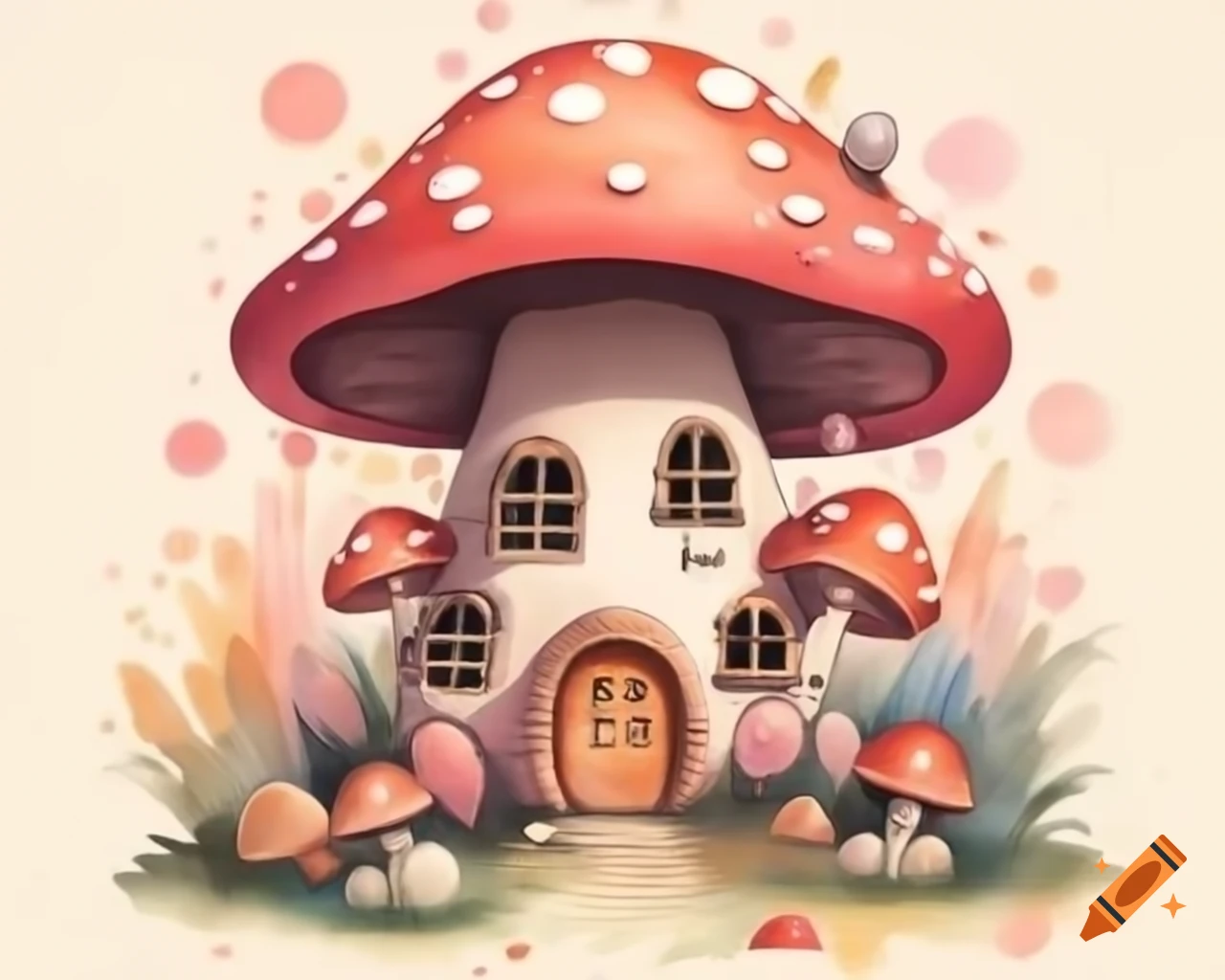 Watercolor mushroom house in warm pink and brown storybook style