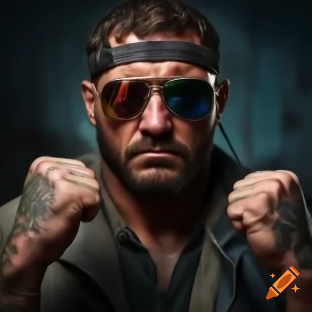 Portrait of a rugged homeless boxer with tattoos and sunglasses