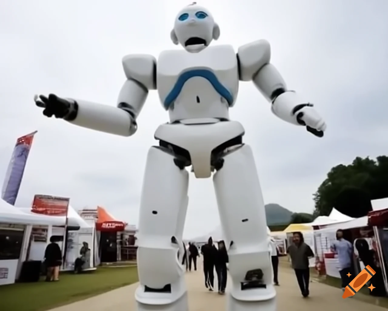 Mecha robot sales fair with people exploring various robots