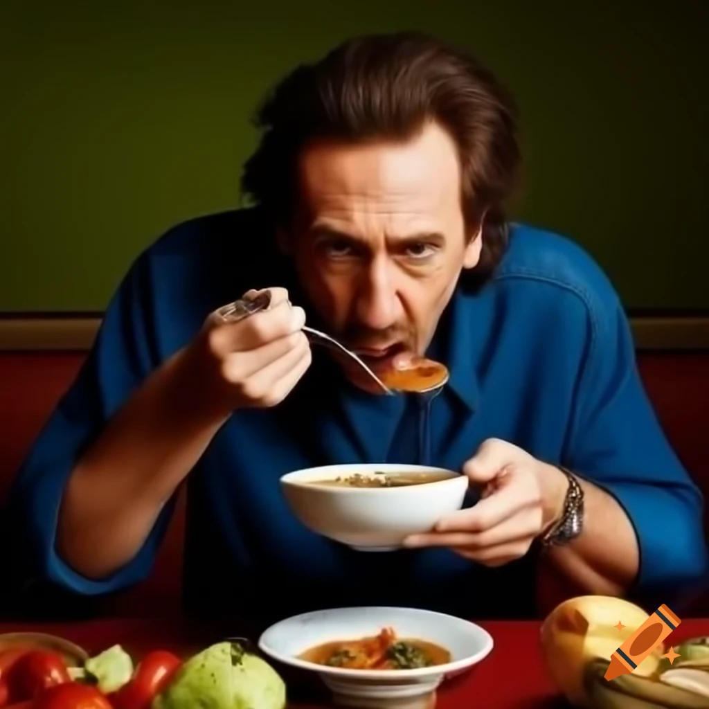 Nicolas Cage eating soup with intense gaze into the camera