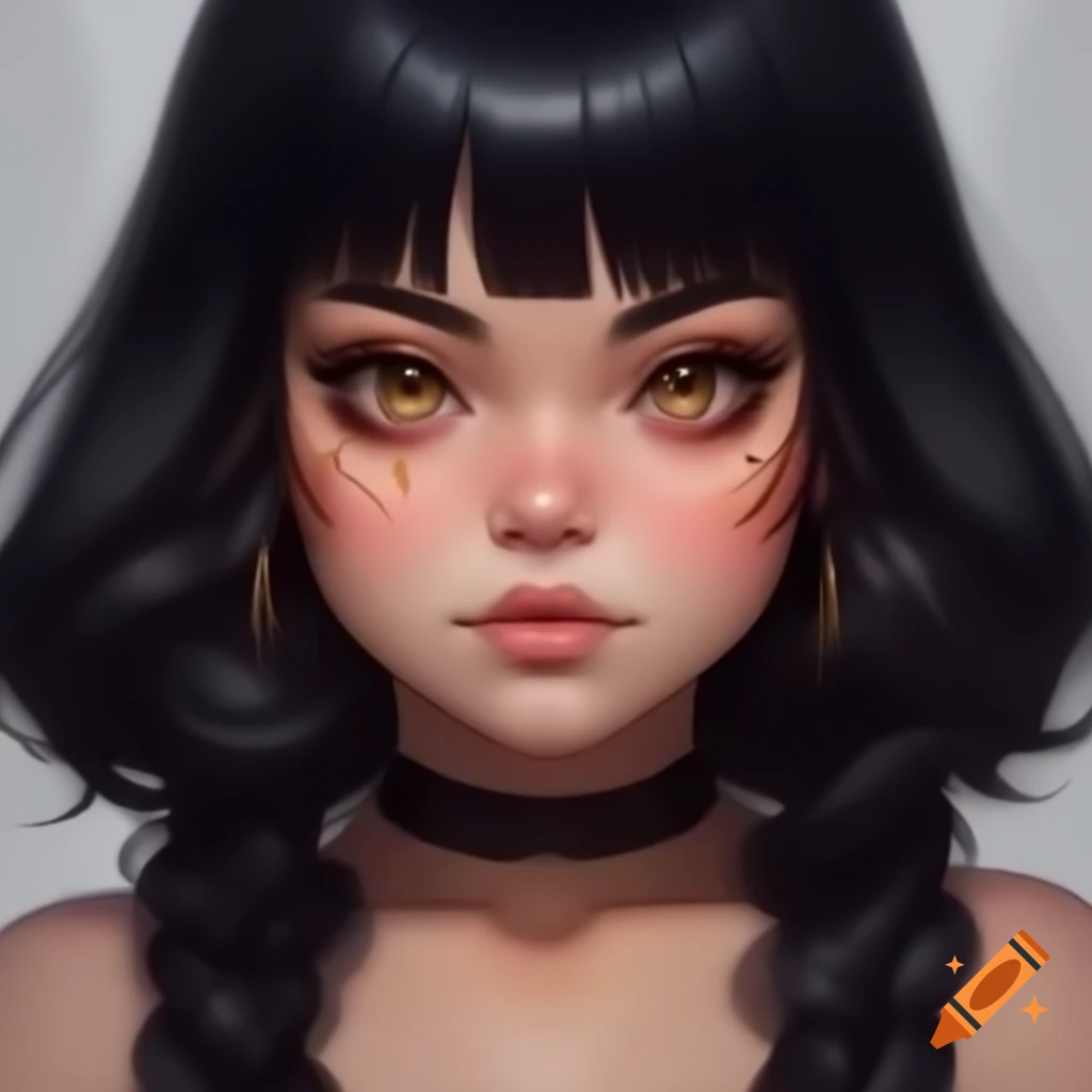 Curvy anime girl with tan skin, black hair, and gold eyes
