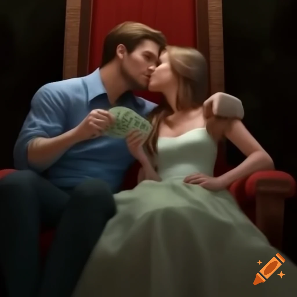 Couple sitting on throne sharing a kiss, woman holding money
