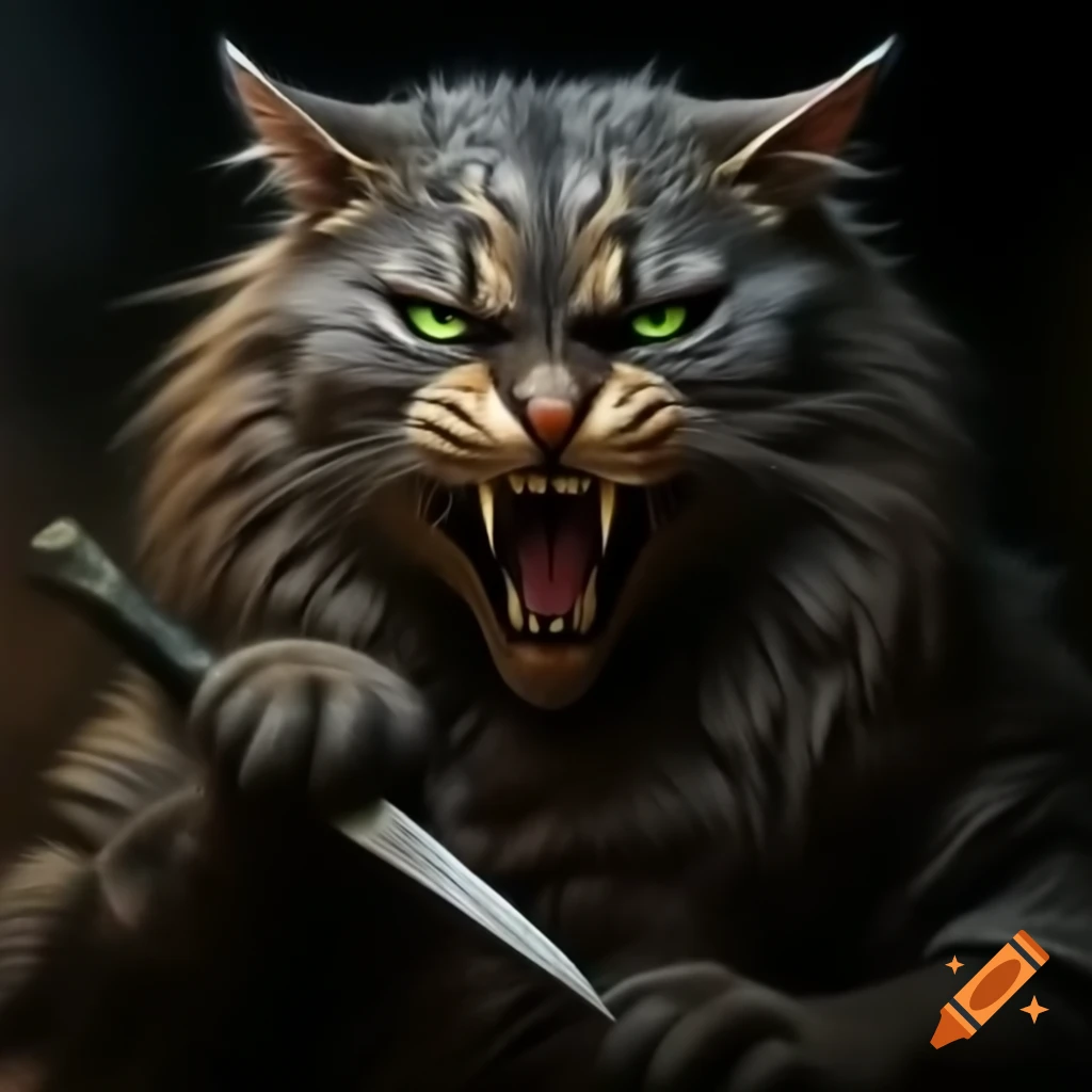 Menacing cat with knife, featuring long fur and green eyes