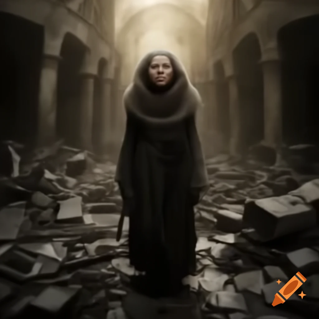 Finnish woman in labyrinthine ruined city