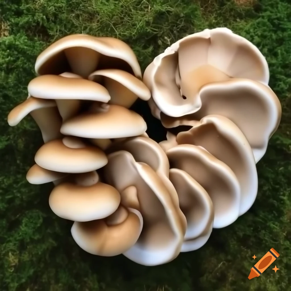 Colorful shiitake, oyster, and lion's mane mushrooms arranged in a heart pattern with added hearts