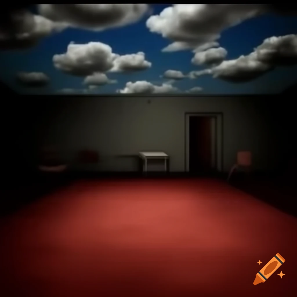 Room with brown red carpet, grey walls, scattered chairs, and dim ceiling lights