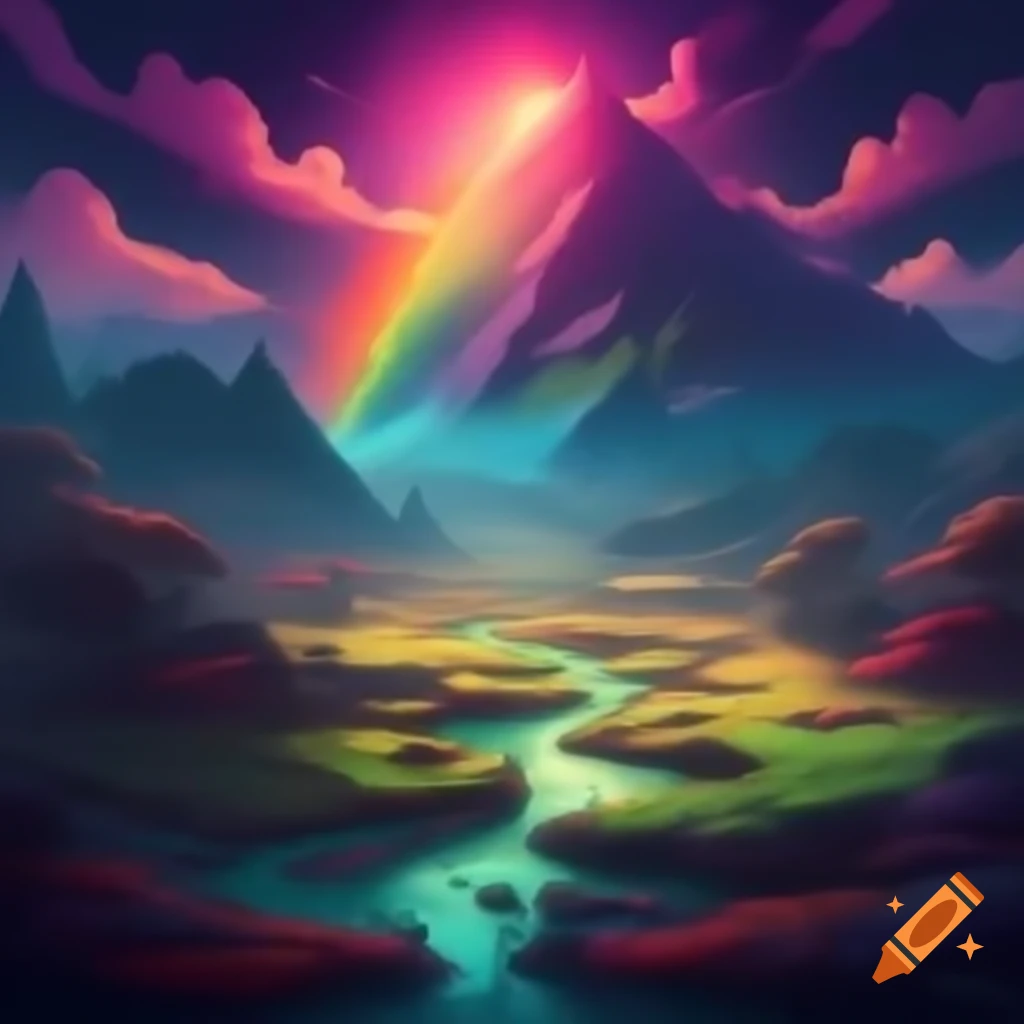 Colorful landscape with rainbow of musical scores inspired by Mario overworld