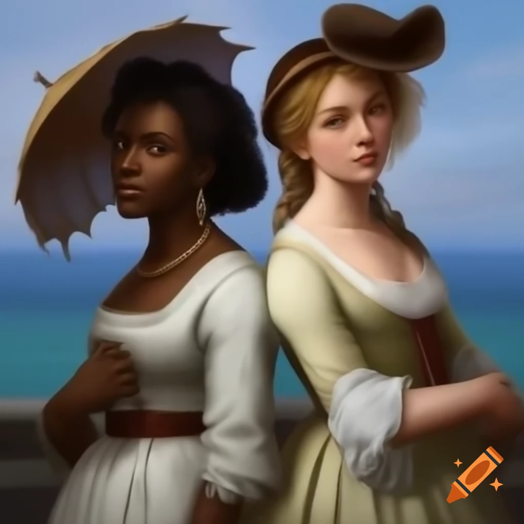 Two women in 1820s English regency attire with parasols, leaning together