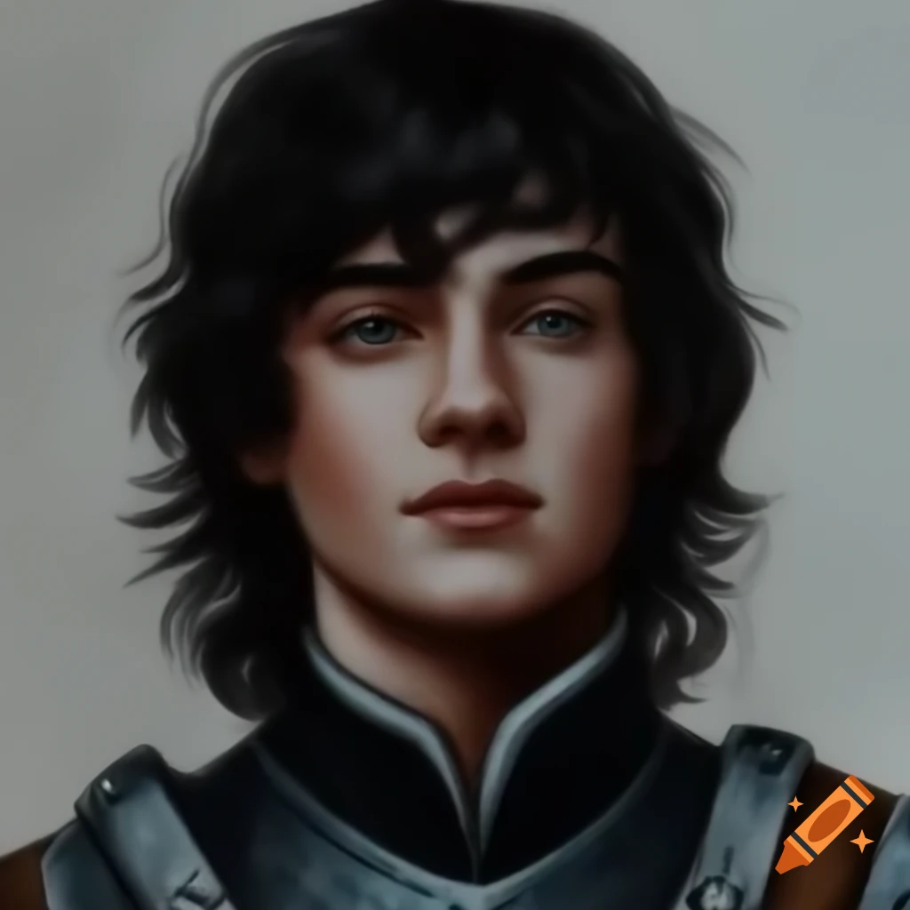 Hand-drawn portrait of a 17-year-old noble from House Thorne with straight black hair in light armor