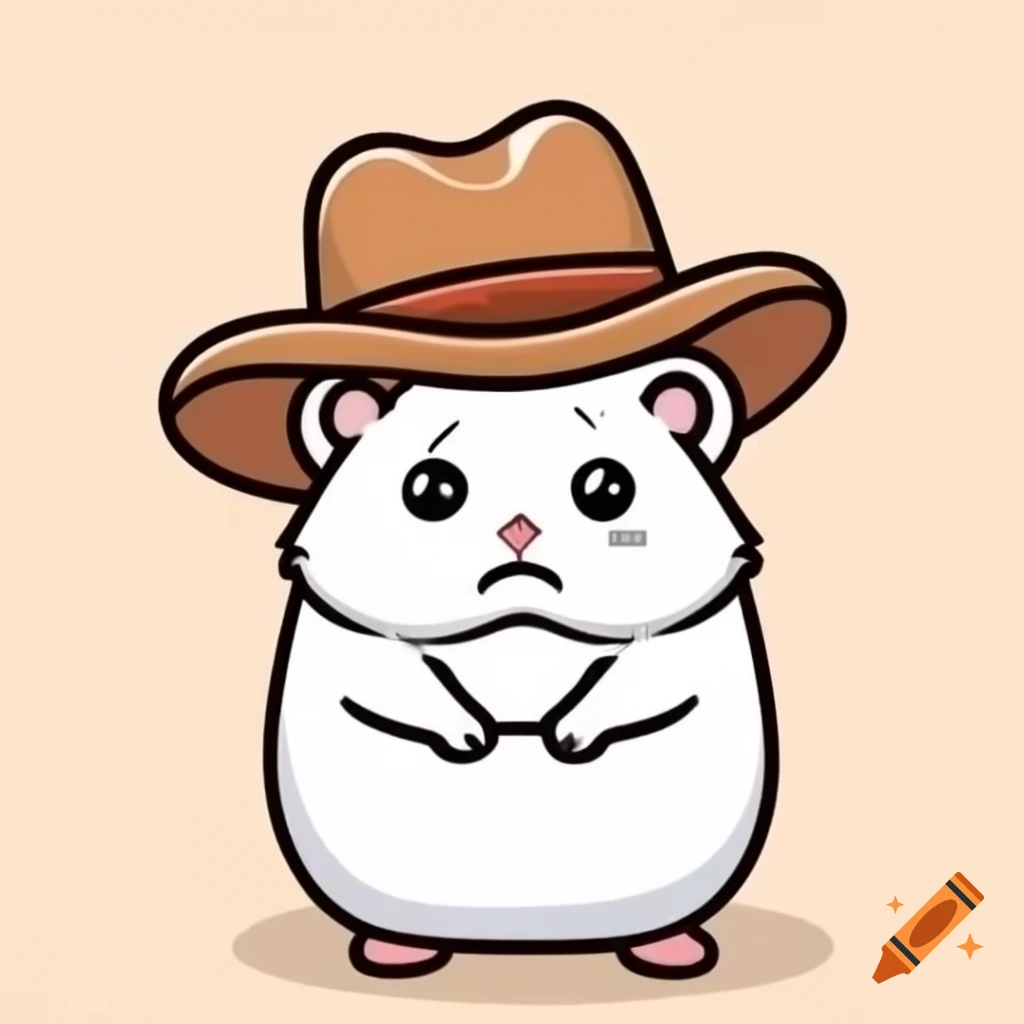 Animated sad white hamster wearing cowboy hat