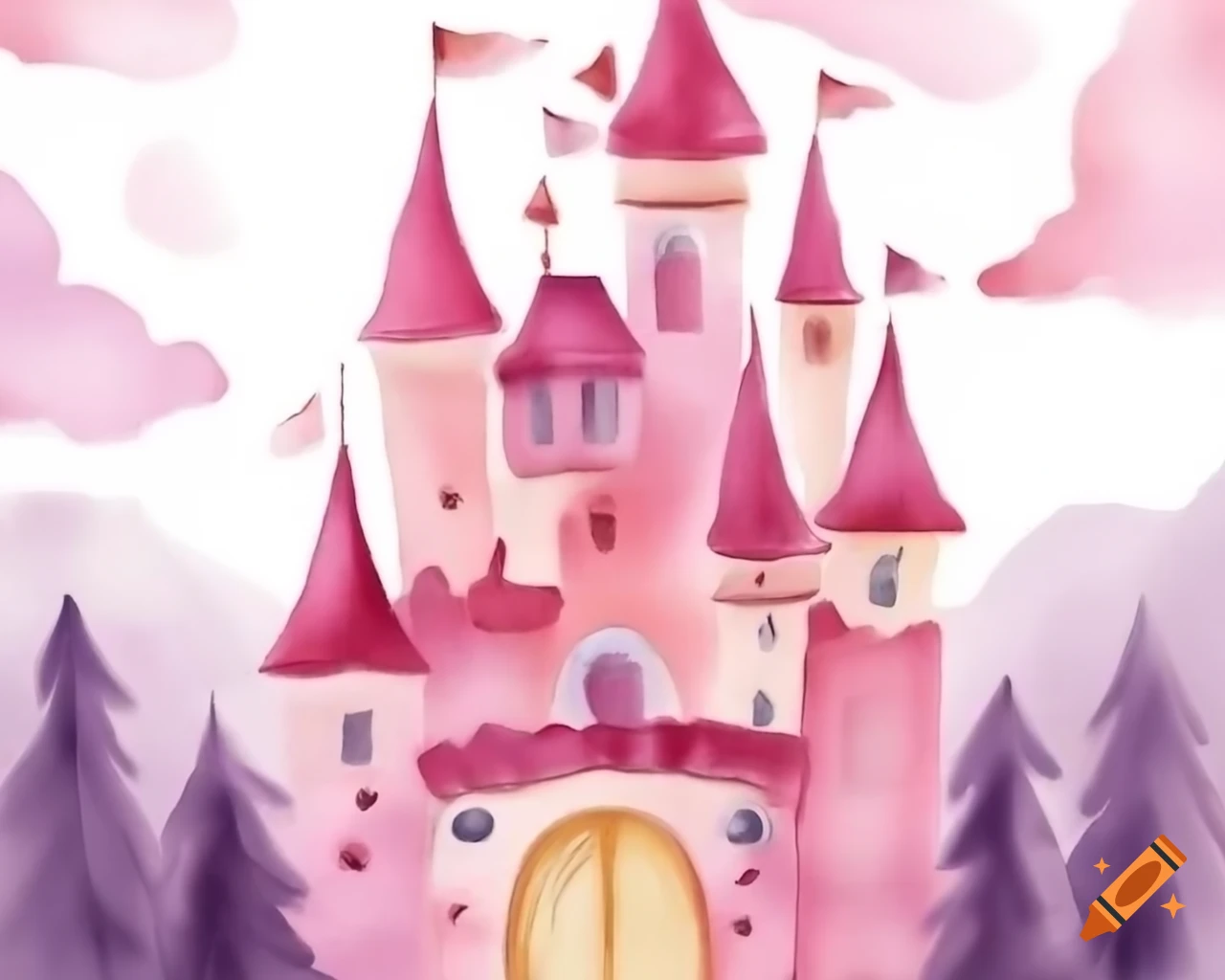 Fairy castle in shades of mauve pink and white in storybook style on