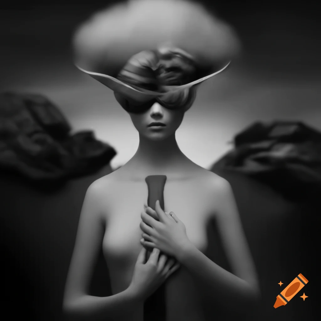 Monochrome surrealist artwork featuring abstract forms