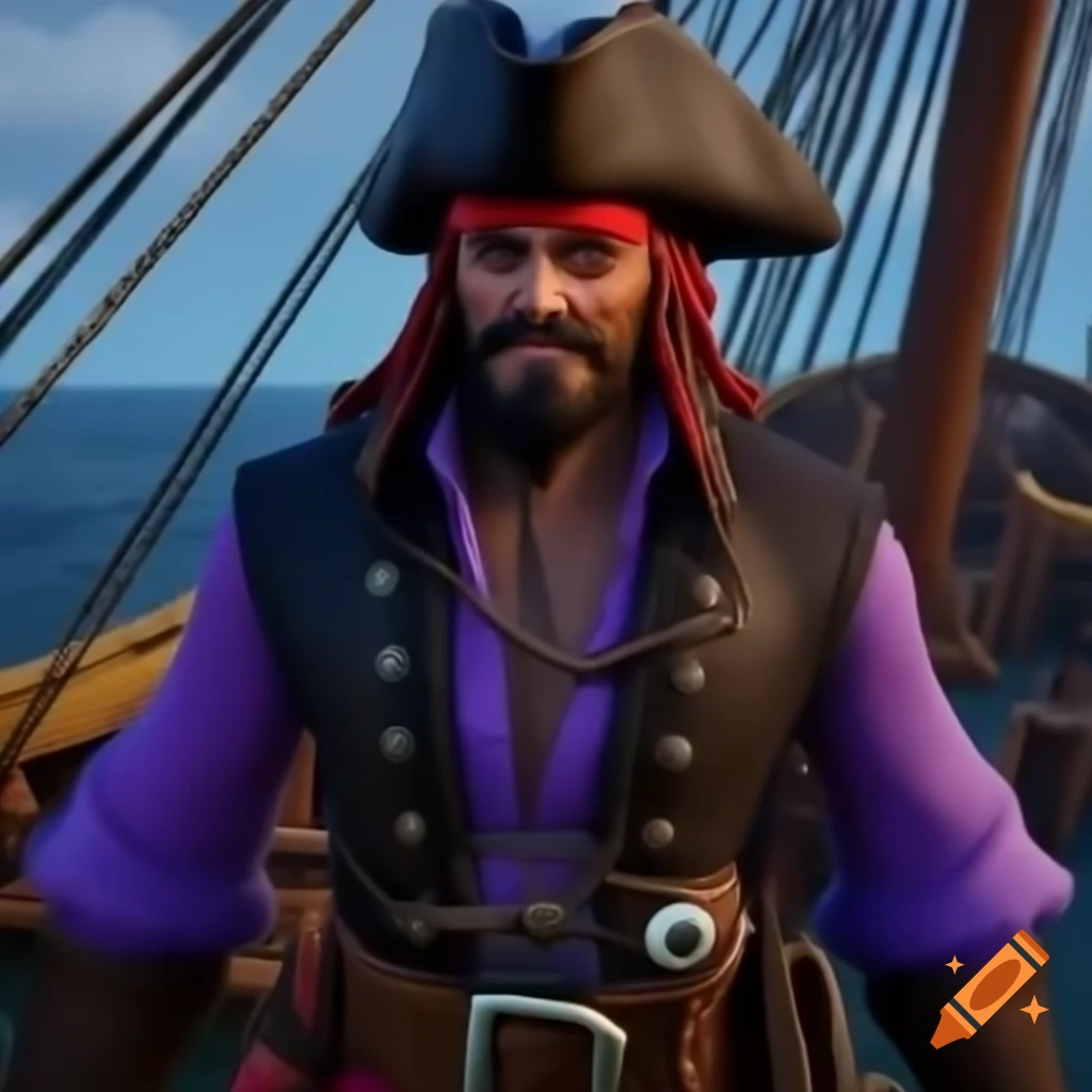 Pirate in purple outfit aboard a pirate ship