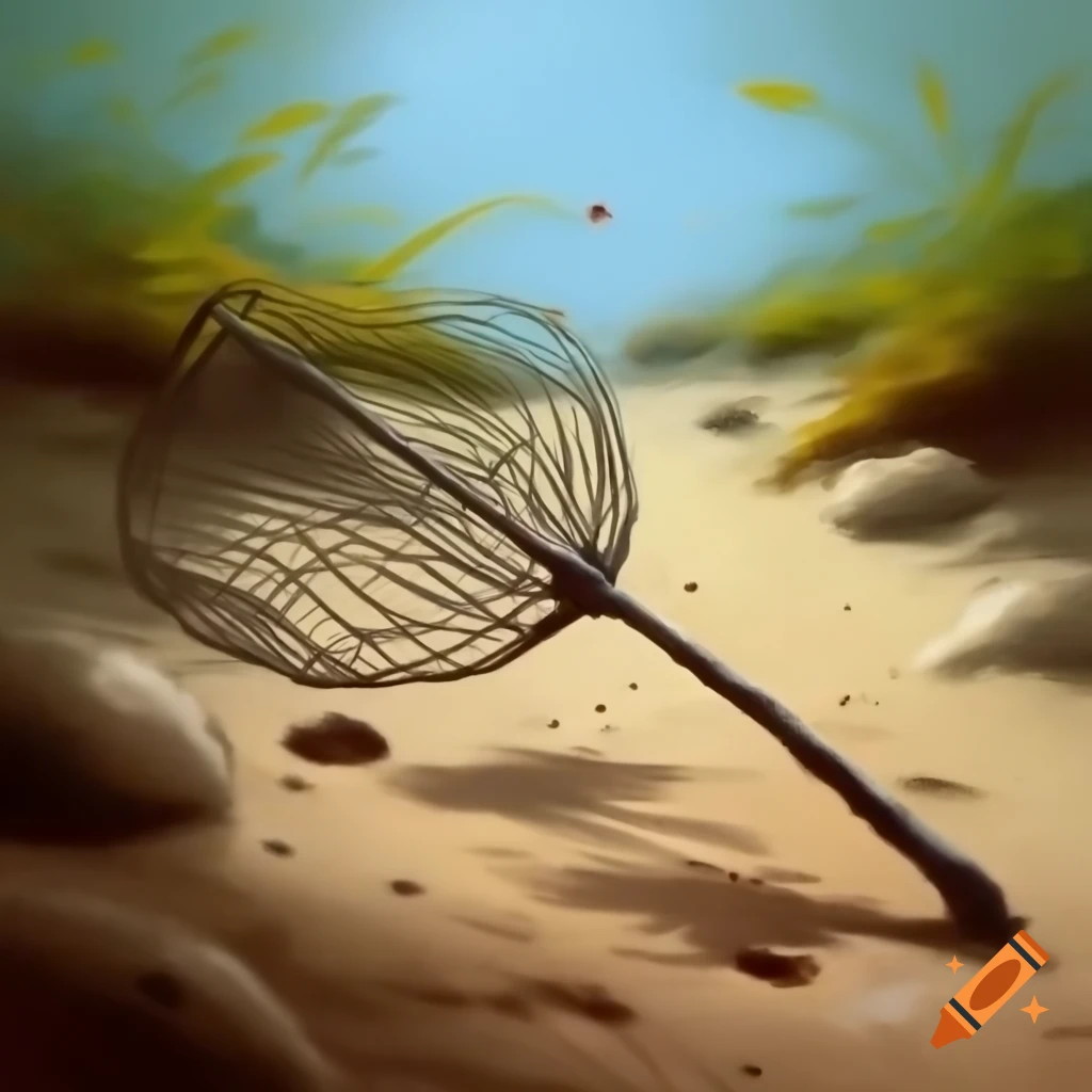 Giant fly-swatter buried in sand along vegetation path, detailed oil painting