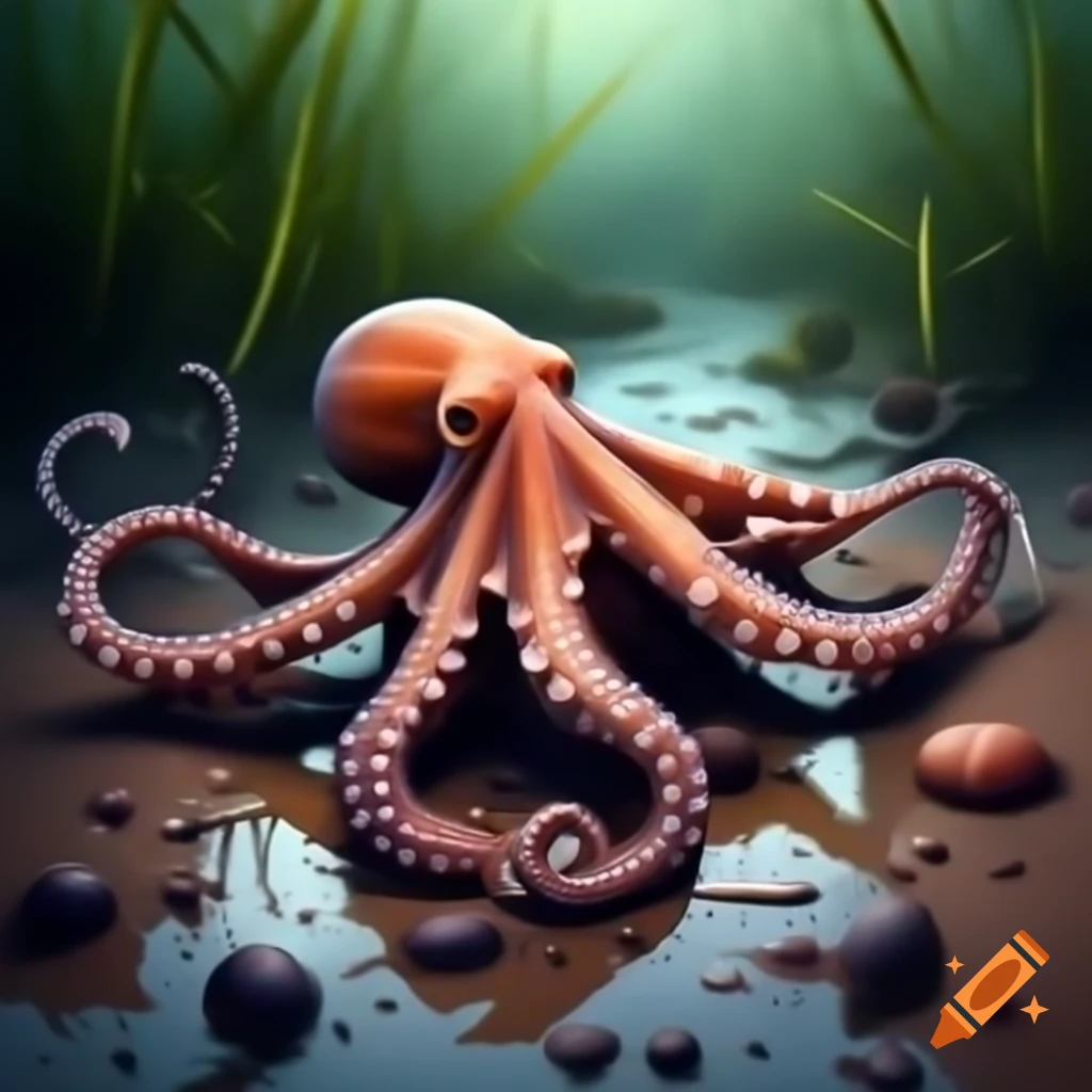 Octopus in puddle on sandy path surrounded by vegetation, detailed oil painting