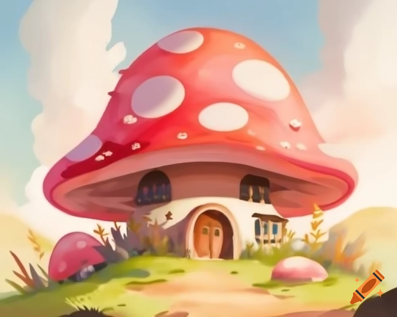 Watercolor mushroom house in warm pink and brown storybook style
