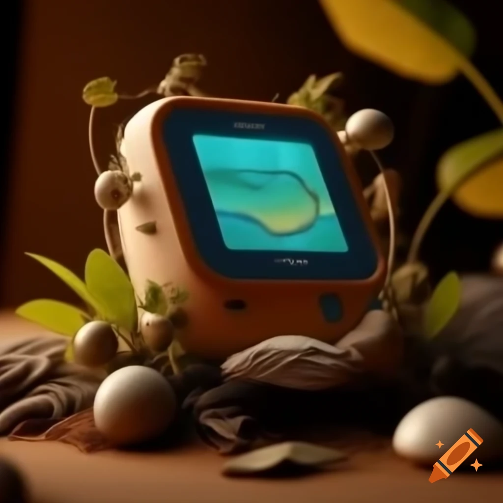 Cozy e-reader with organic solarpunk design featuring wood and leaves