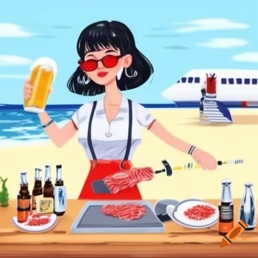 Black woman grilling meat at beach restaurant with friends drinking beer, playing golf, and swimming