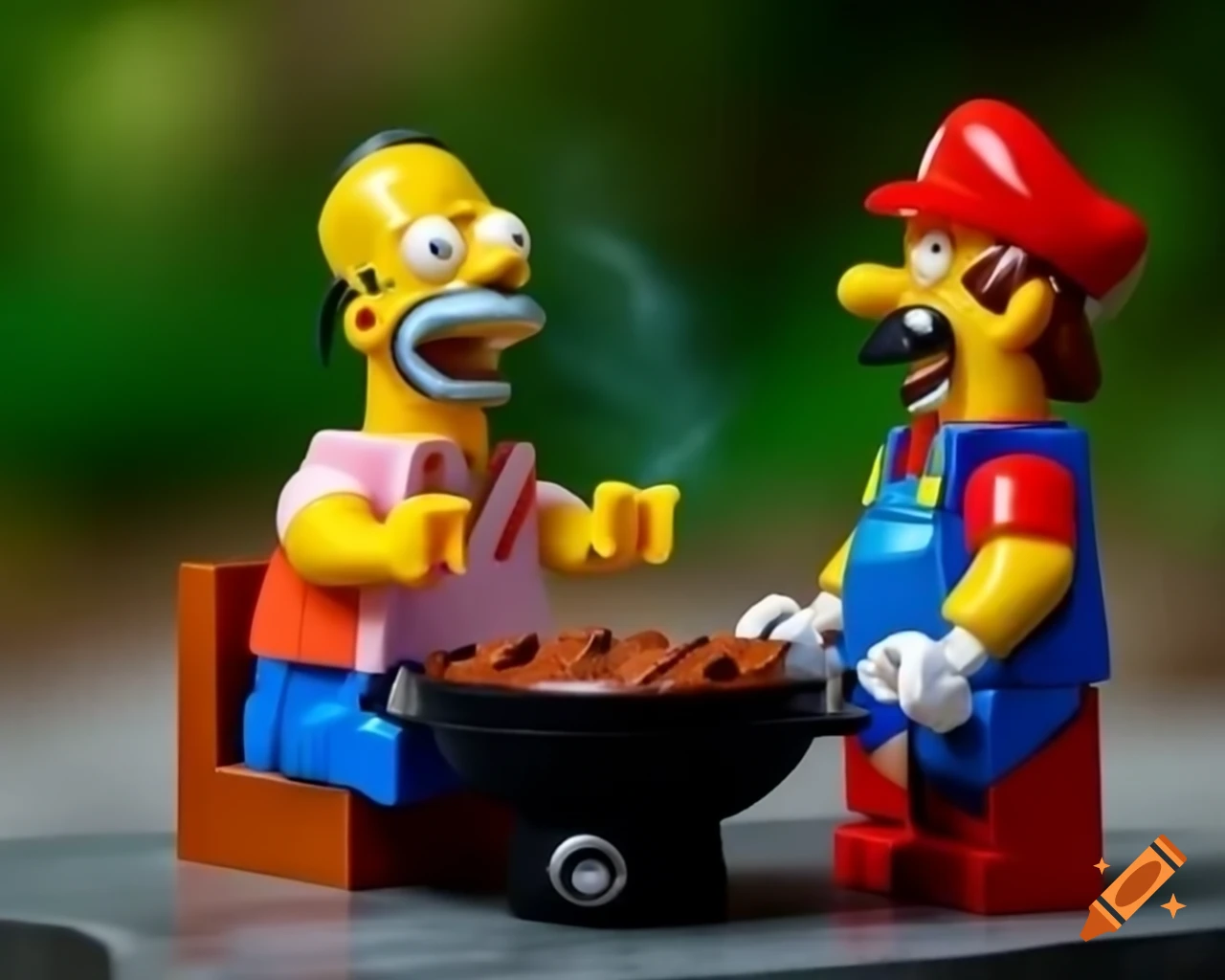 LEGO figurine of Homer Simpson and Mario Bros at a barbecue