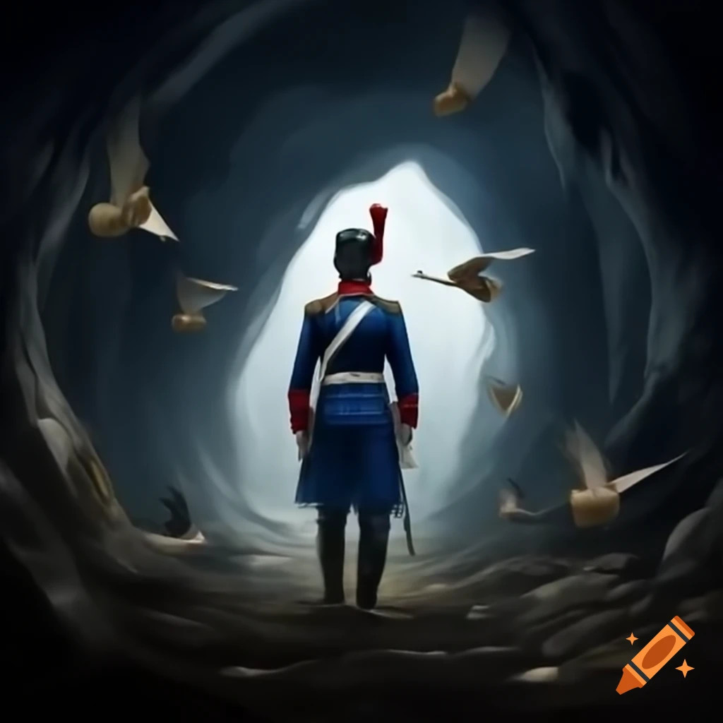 Colonial soldier entering dark cave with dead hawks on the ground