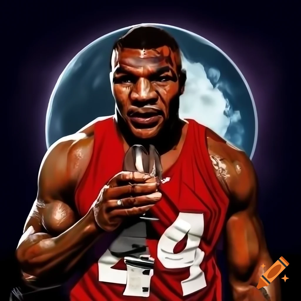 Digital artwork of Mike Tyson in 49ers jersey with face tattoo and wine under moon