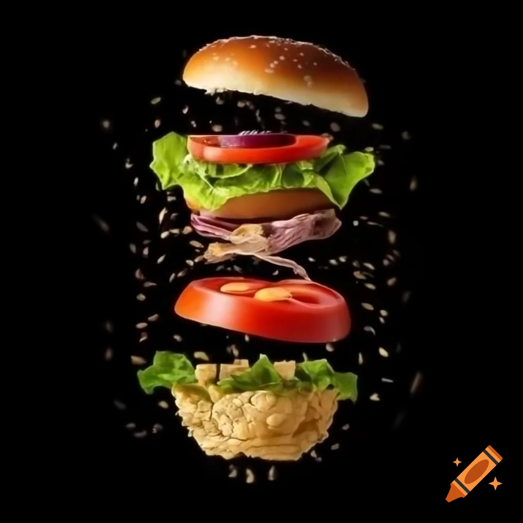 Floating hamburger ingredients on black background: sesame seed bun, lettuce, tomato, cheese, and patty