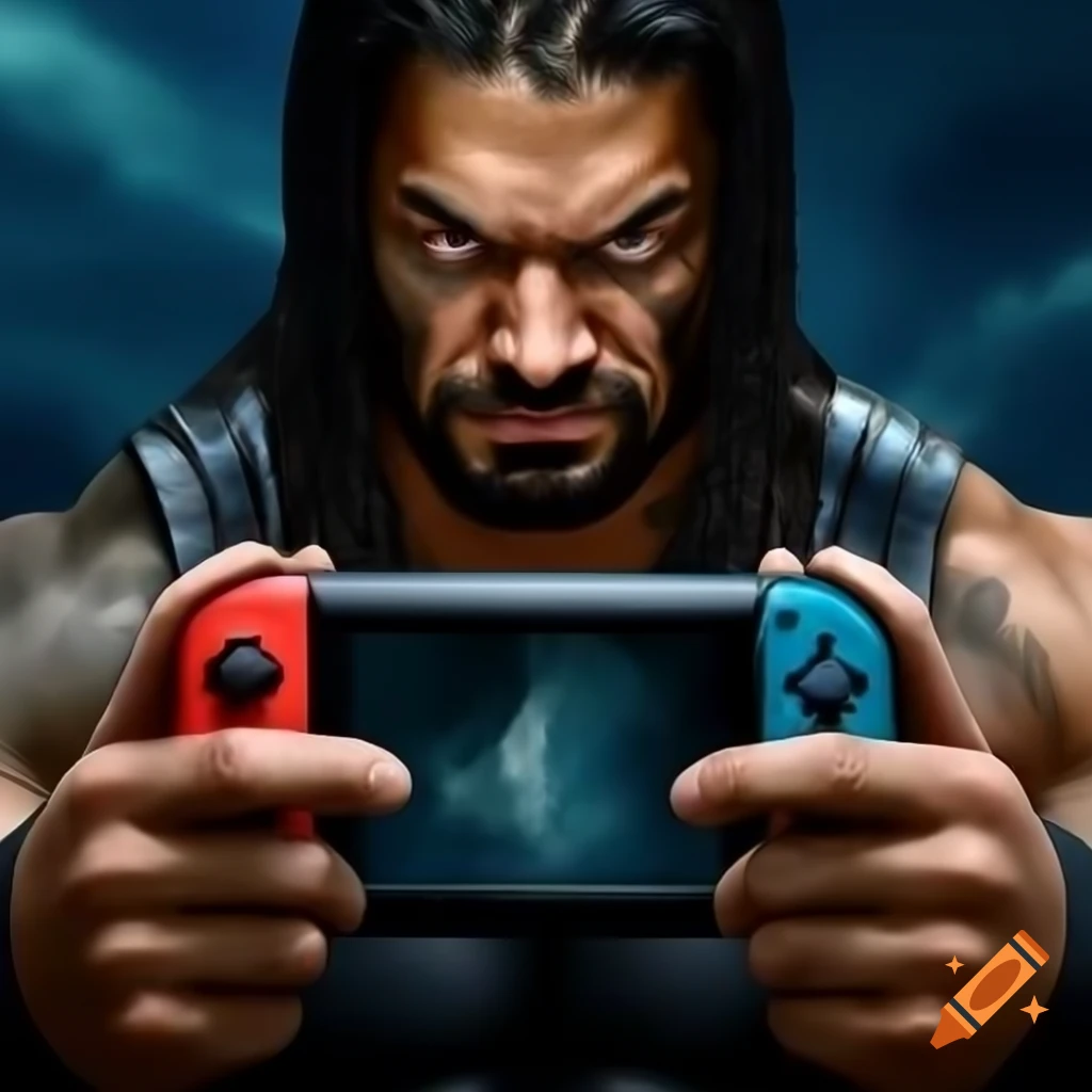 Roman Reigns holding a Nintendo Switch console