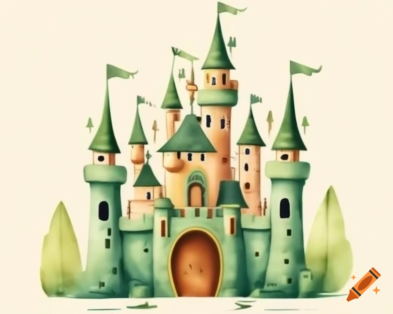 Watercolor fairy castle in green, brown, and gold storybook style