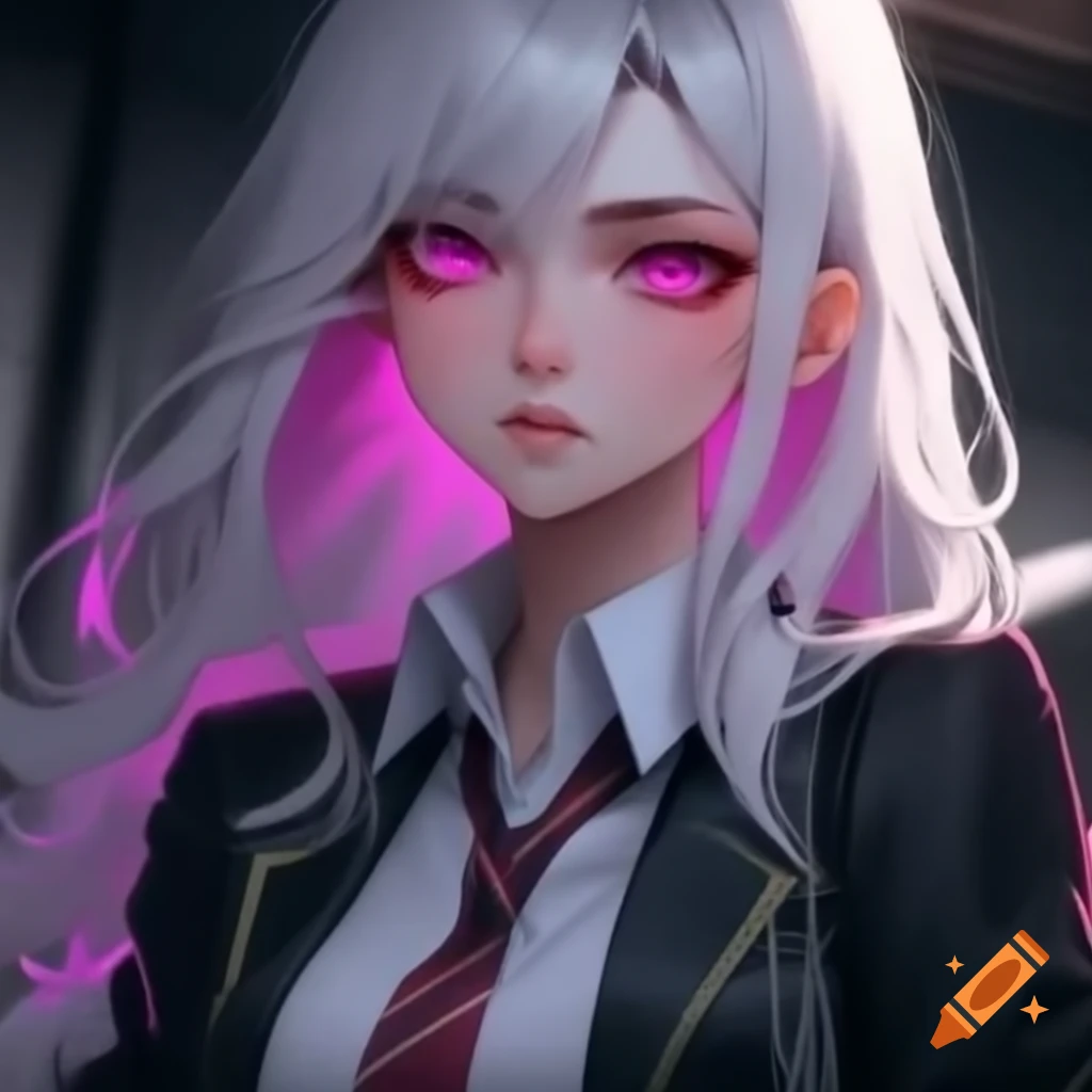 Female character with platinum hair and magenta eyes in school uniform