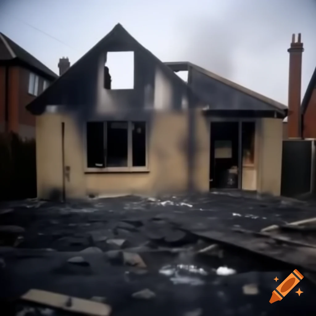 Burned-down house in the UK, aftermath of a fire