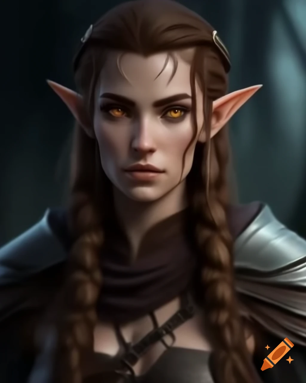 Half-elven female bowman in leather and chains armor with brown hair and eyes