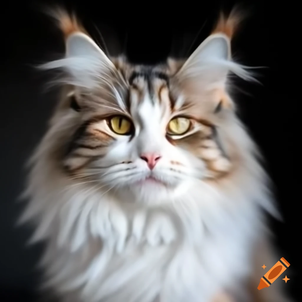 Fluffy white Maine Coon cat with dark brown head and paws, yellow eyes, and a scarred eye
