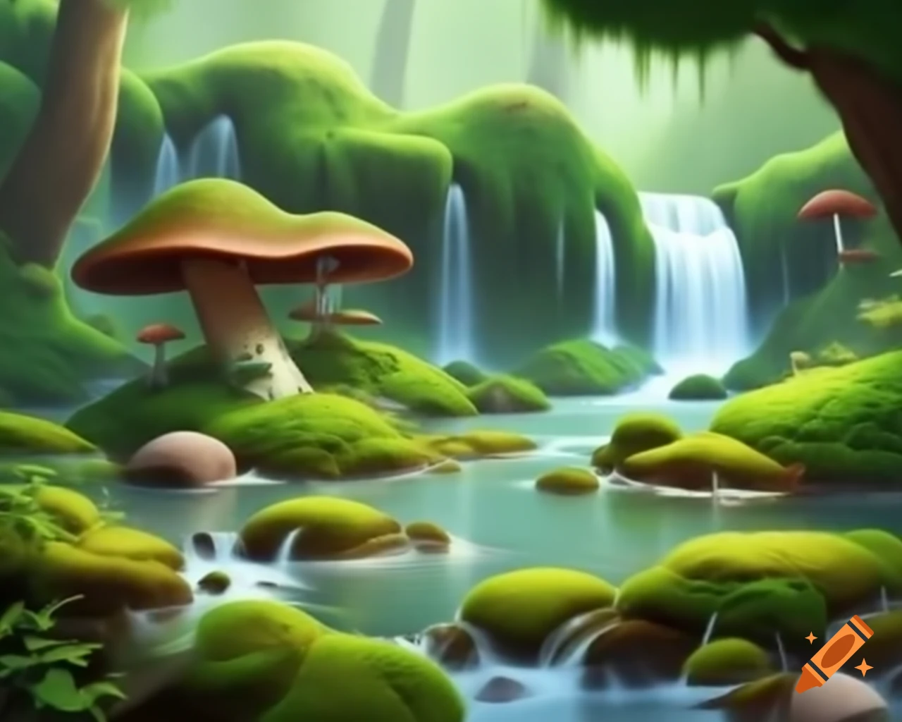 Mossy river with waterfall and detailed reflections, vibrant mushrooms