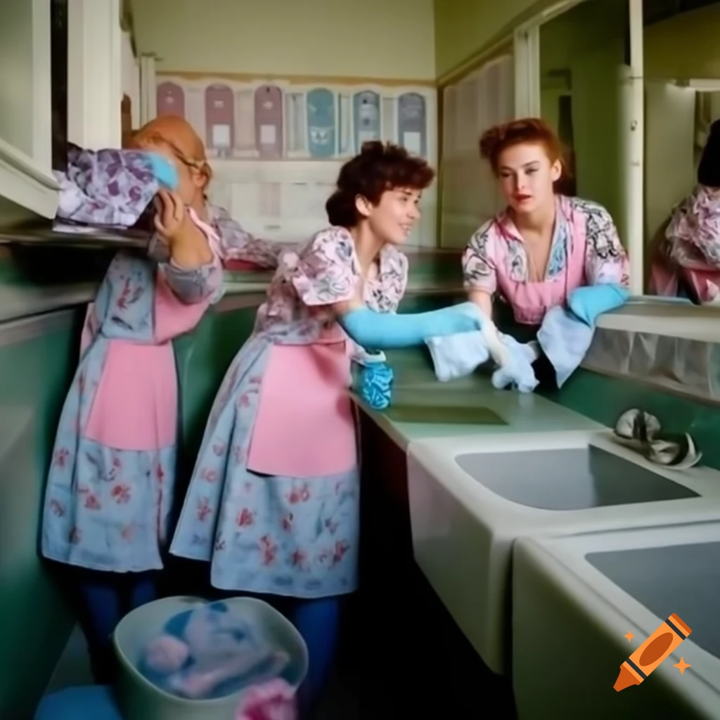 Caucasian housewives in floral housecoats washing laundry in vintage laundry room