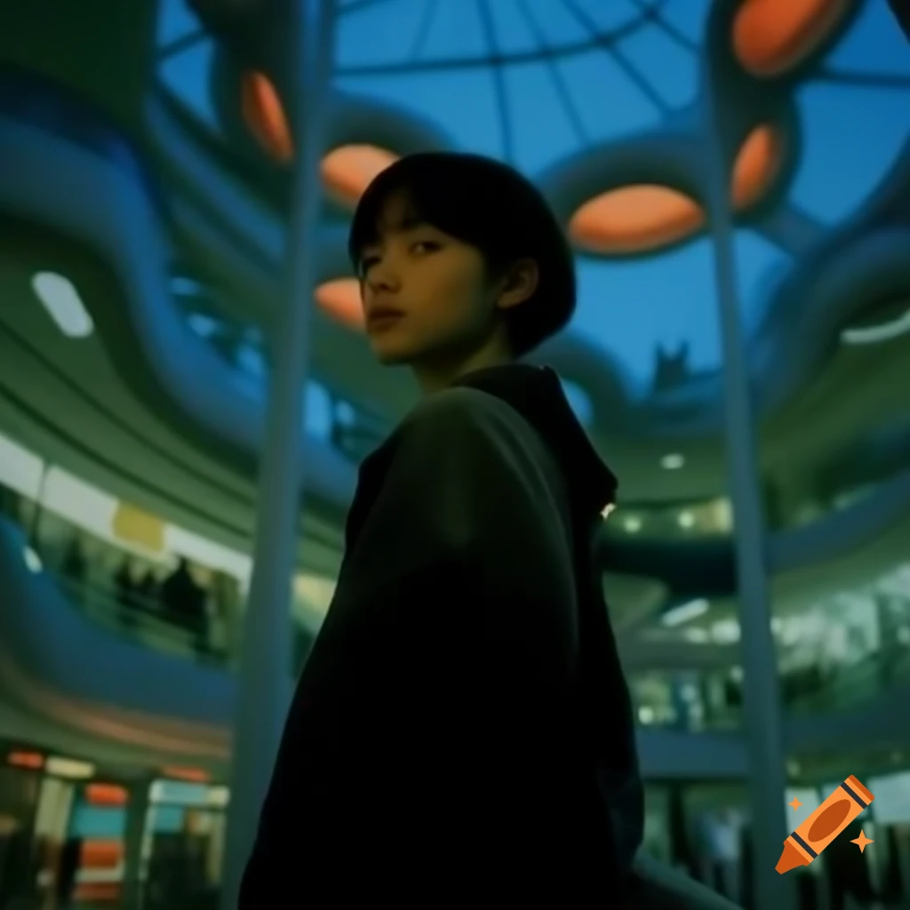 Person in dreamlike shopping center at dusk