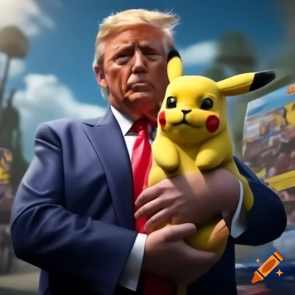 Donald Trump holding Pikachu at a rally