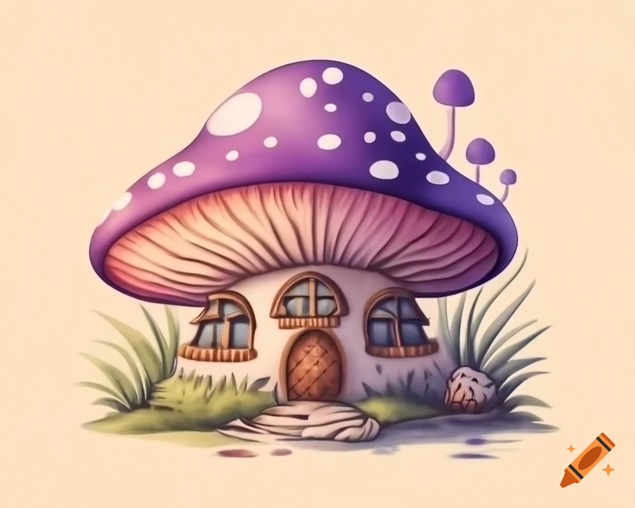 Watercolor mushroom house in violet and brown storybook style