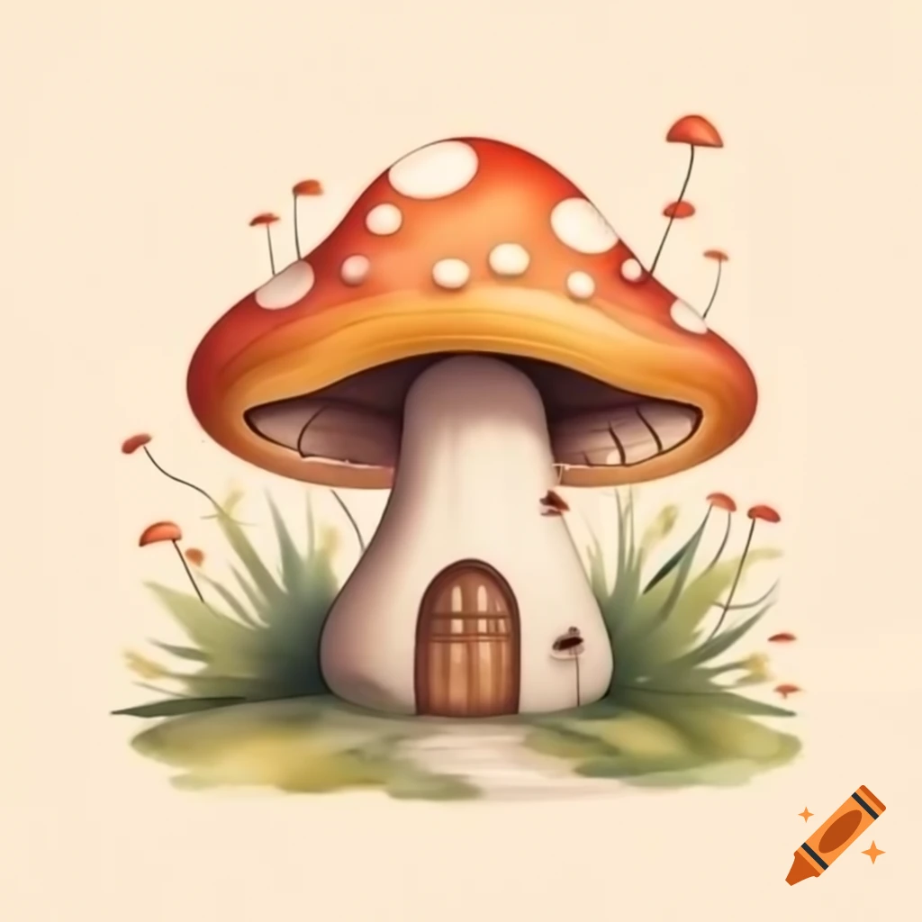 Watercolor mushroom house in mustard and brown storybook style